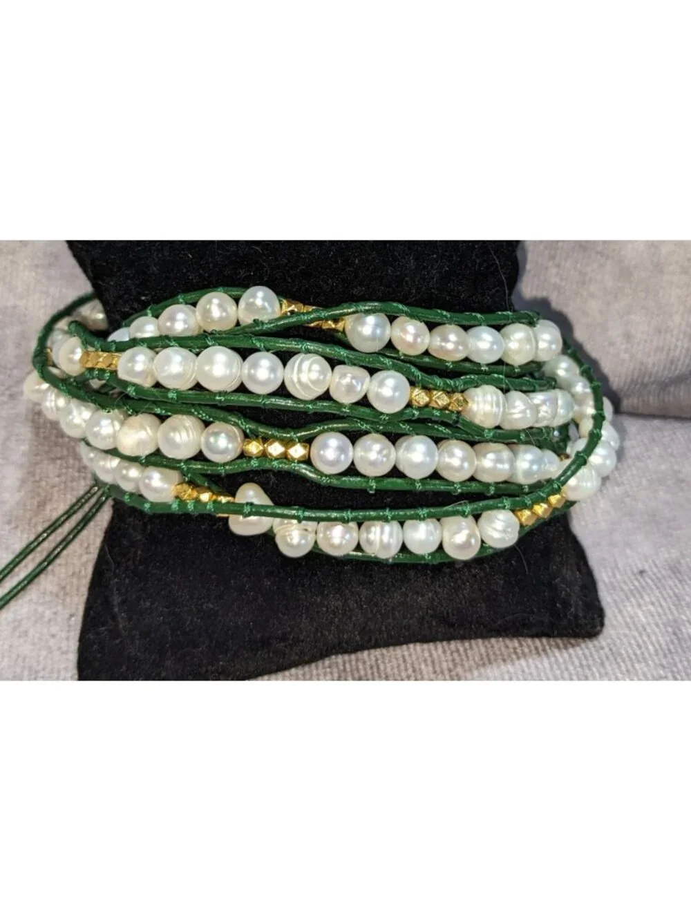Boho Pearl Wrap Bracelet Victoria Emerson Green Leather Gold Tone